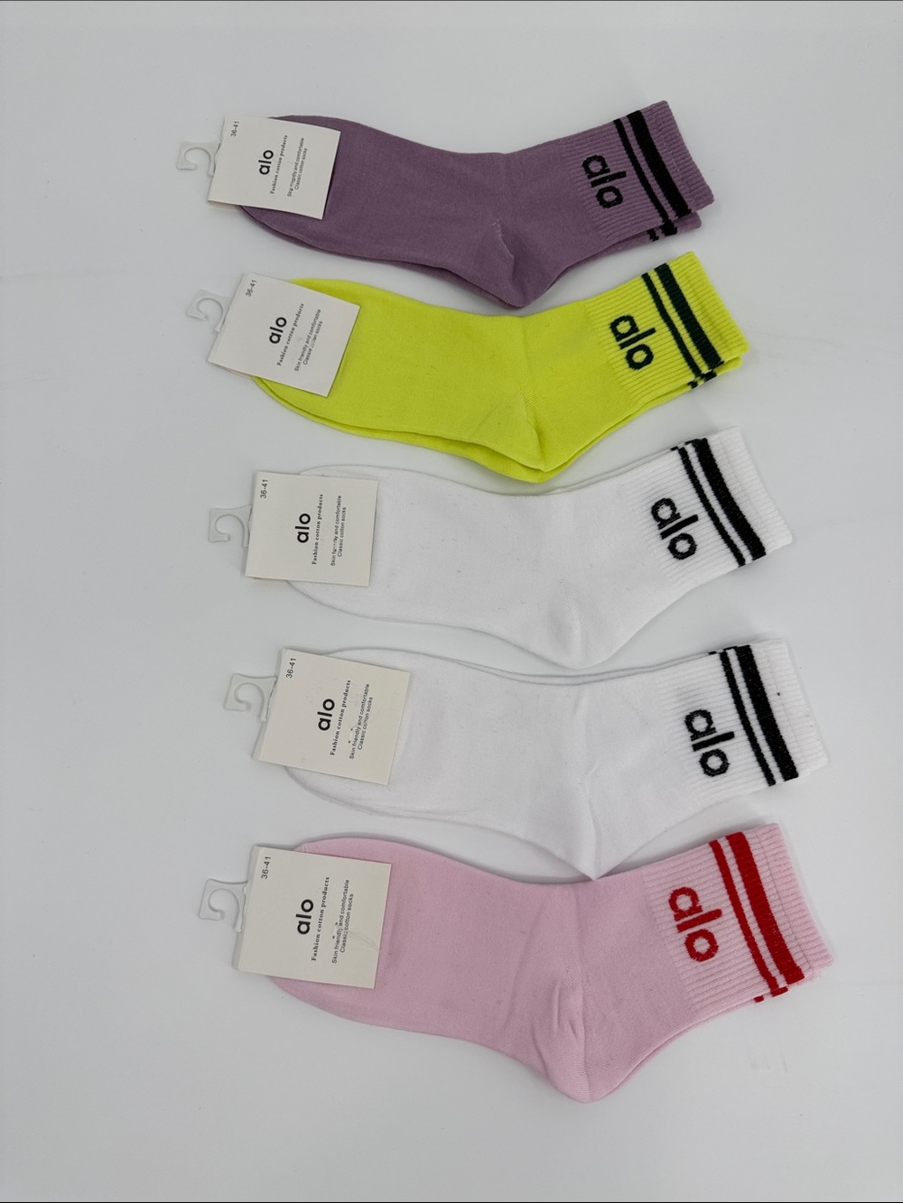 ALO Yoga Crew Socks - Purple, Neon Yellow, White, Pink (5-Pack)